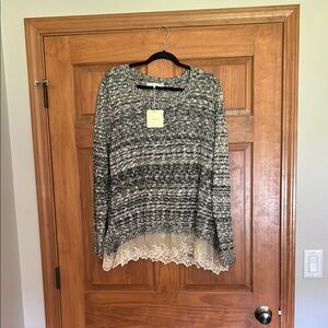 Women's Black and White Sweater with Lace Hem